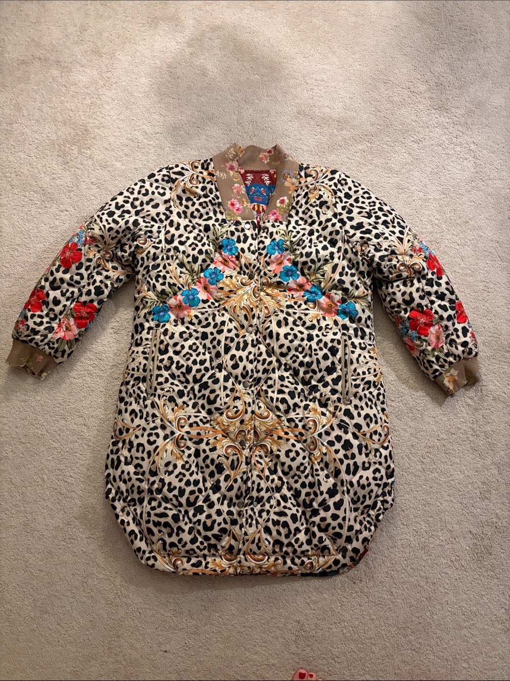 Johnny Was Beige Leopard Quilted Coat reversible floral print on other side